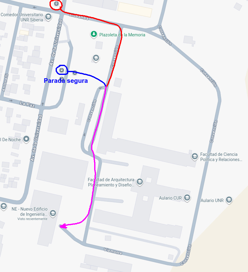 Mapa para llegar al Nuevo Edificio de Ingeniería: desde Riobamba o la parada segura de Av. de la Universidad, bajar por Convención hasta el edificio, sobre Viamonte.